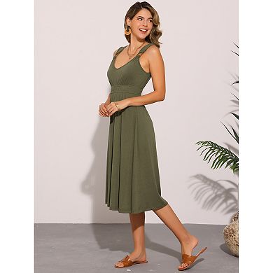 Women's Summer V Neck Wide Strap Sleeveless A-Line Casual Midi Dress
