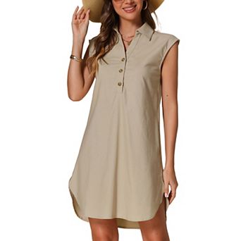Summer Linen Dress for Women's Sleeveless V Neck Collared Button Casual Beach Solid Loose Dresses