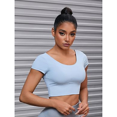 Women's U Neck Short Sleeve Crop Tops Deep V Back Workout t Shirt Top with Bulit in Bra