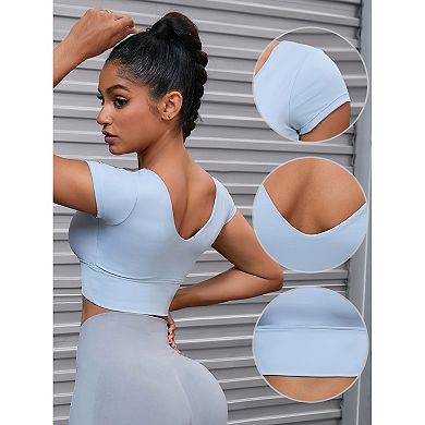 Women's U Neck Short Sleeve Crop Tops Deep V Back Workout t Shirt Top with Bulit in Bra