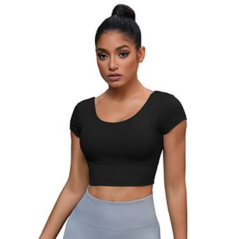 Women's U Neck Short Sleeve Crop Tops Deep V Back Workout t Shirt Top with Bulit in Bra