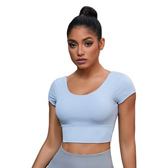 Women's U Neck Short Sleeve Crop Tops Deep V Back Workout t Shirt Top with Bulit in Bra