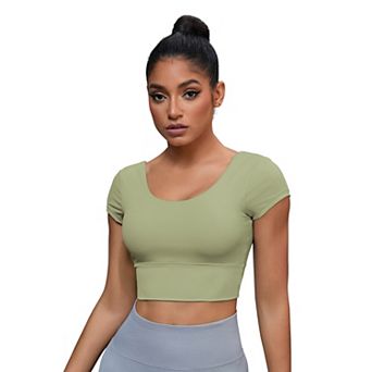 Women's U Neck Short Sleeve Crop Tops Deep V Back Workout t Shirt Top with Bulit in Bra