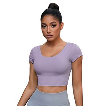Women's U Neck Short Sleeve Crop Tops Deep V Back Workout t Shirt Top with Bulit in Bra
