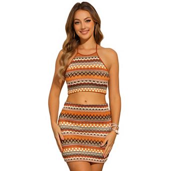 Boho Skirt Sets for Women's 2 pc Summer Casual Halter Crop Top and Mini Skirts