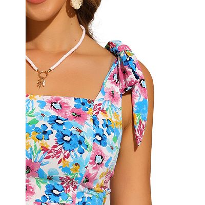 Summer Floral Dress for Women's Knee Length Tie Shoulder Spaghetti Strap  Sundress