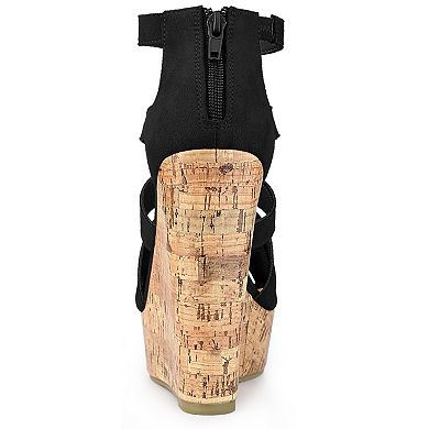 Women's Platform Peep Toe Cutout Caged Cork Wedge Heel Sandals