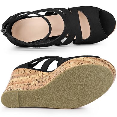 Women's Platform Peep Toe Cutout Caged Cork Wedge Heel Sandals