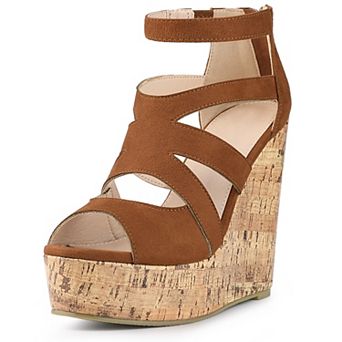 Women's Platform Peep Toe Cutout Caged Cork Wedge Heel Sandals