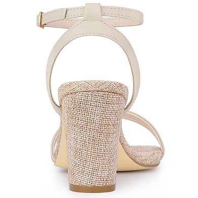 Women's Square Toe Strappy Linen Slingback Chunky Heels Sandals