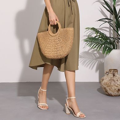 Women's Square Toe Strappy Linen Slingback Chunky Heels Sandals