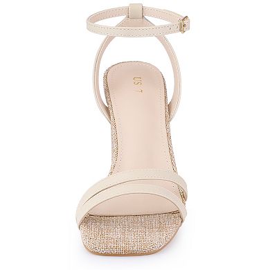 Women's Square Toe Strappy Linen Slingback Chunky Heels Sandals
