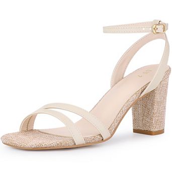 Women's Square Toe Strappy Linen Slingback Chunky Heels Sandals