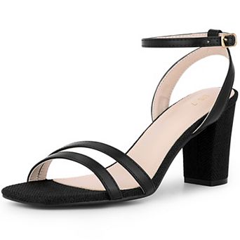 Women's Square Toe Strappy Linen Slingback Chunky Heels Sandals