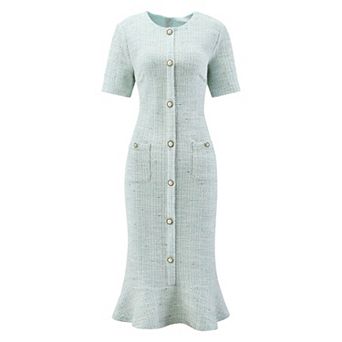 Women's Short Sleeve Mermaid Dress Elegant Work Fishtail Tweed Bodycon Dresses