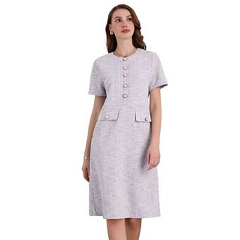 Women's Tweed Dress Button Decor Short Sleeve Elegant Work Sheath Dress