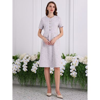 Women's Tweed Dress Button Decor Short Sleeve Elegant Work Sheath Dress