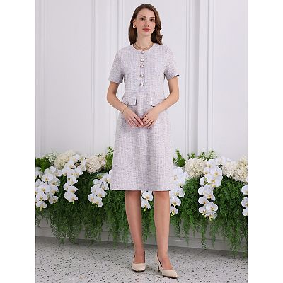 tweed dress short sleeve Sail to Sable NAVY Metallic Tweed Short Sleeve Shift Dress NAVY / L / H2522