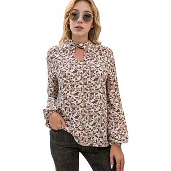 Women's Long Sleeve Floral Print Blouse with Keyhole Neckline