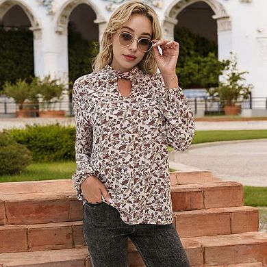 Women's Long Sleeve Floral Print Blouse with Keyhole Neckline