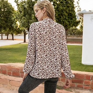 Women's Long Sleeve Floral Print Blouse with Keyhole Neckline