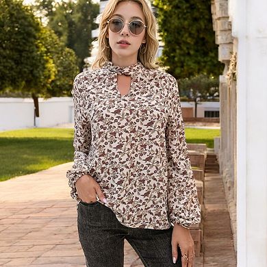 Women's Long Sleeve Floral Print Blouse with Keyhole Neckline