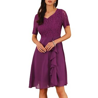 Women's Lace Chiffon Dresses Ruffle Bridesmaid Wedding Cocktail Midi Dress