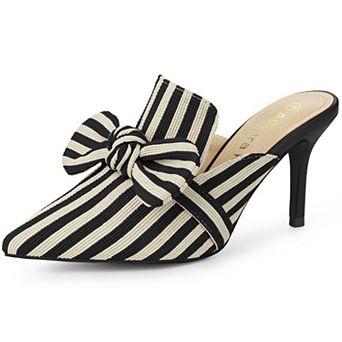 Women's Stripe Bow Slip on Stiletto Heel Slides Mules