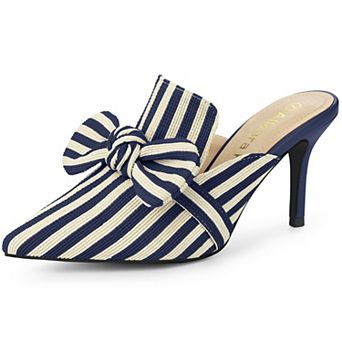 Women's Stripe Bow Slip on Stiletto Heel Slides Mules