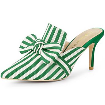 Women's Stripe Bow Slip on Stiletto Heel Slides Mules