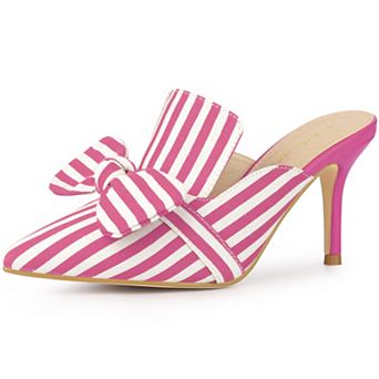 Women's Stripe Bow Slip on Stiletto Heel Slides Mules