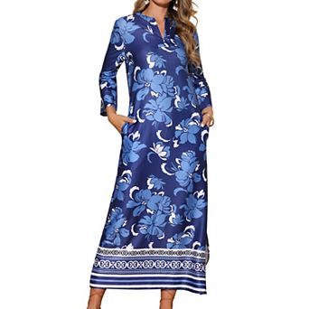 Women's Boho Long Dresses V Neck 3/4 Sleeve Side Slit Floral Flowy Beach Maxi Dress with Pockets