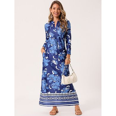 Women's Boho Long Dresses V Neck 3/4 Sleeve Side Slit Floral Flowy Beach Maxi Dress with Pockets