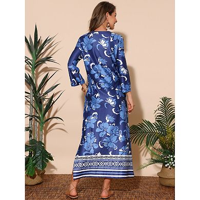 Women's Boho Long Dresses V Neck 3/4 Sleeve Side Slit Floral Flowy Beach Maxi Dress with Pockets