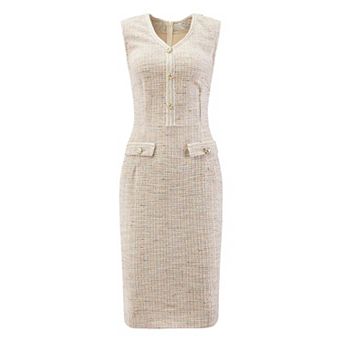 Women's Sleeveless Tweed Dress V Neck Button Decor Work Office Pencil Dresses