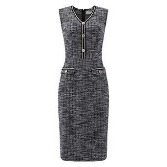 Women's Sleeveless Tweed Dress V Neck Button Decor Work Office Pencil Dresses