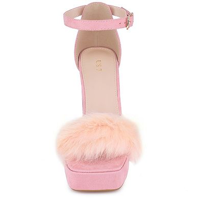 Women's Square Toe Faux Fur Platform Chunky Heels Sandals