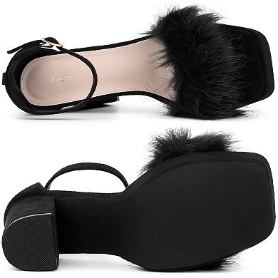 Women's Square Toe Faux Fur Platform Chunky Heels Sandals