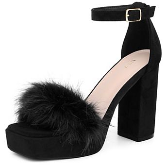 Women's Square Toe Faux Fur Platform Chunky Heels Sandals