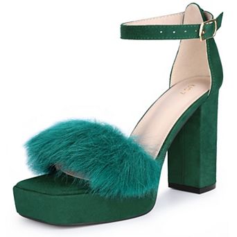 Women's Square Toe Faux Fur Platform Chunky Heels Sandals