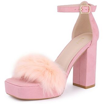 Women's Square Toe Faux Fur Platform Chunky Heels Sandals