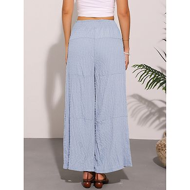 Women's Casual Wide Leg Pants Adjustable Tie Knot Elastic Waist Flowy Pants with Pockets