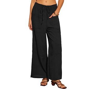 Women's Casual Wide Leg Pants Adjustable Tie Knot Elastic Waist Flowy Pants with Pockets