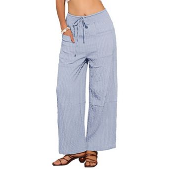Women's Casual Wide Leg Pants Adjustable Tie Knot Elastic Waist Flowy Pants with Pockets