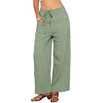 Women's Casual Wide Leg Pants Adjustable Tie Knot Elastic Waist Flowy Pants with Pockets
