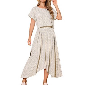 Women's 2 pc Summer Outfits Casual Floral Dress Crewneck Tops and Pleated Maxi Skirt Dress Sets