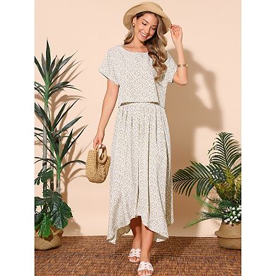Women's 2 Piece Summer Outfits Casual Floral Dress Crewneck Tops and Pleated Maxi Skirt Dress Sets