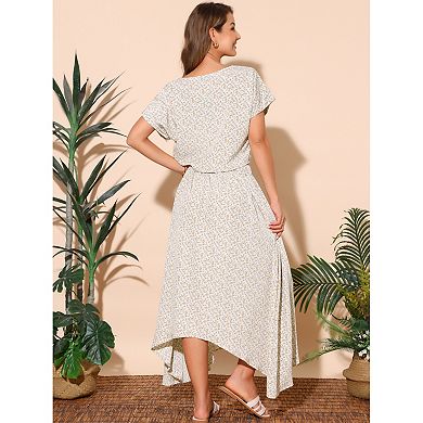Women's 2 Piece Summer Outfits Casual Floral Dress Crewneck Tops and Pleated Maxi Skirt Dress Sets