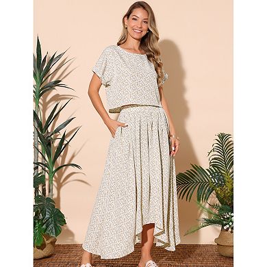 Women's 2 Piece Summer Outfits Casual Floral Dress Crewneck Tops and Pleated Maxi Skirt Dress Sets