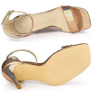 Women's Square Toe Metallic Buckle Ankle Strap Stiletto Heel Sandals